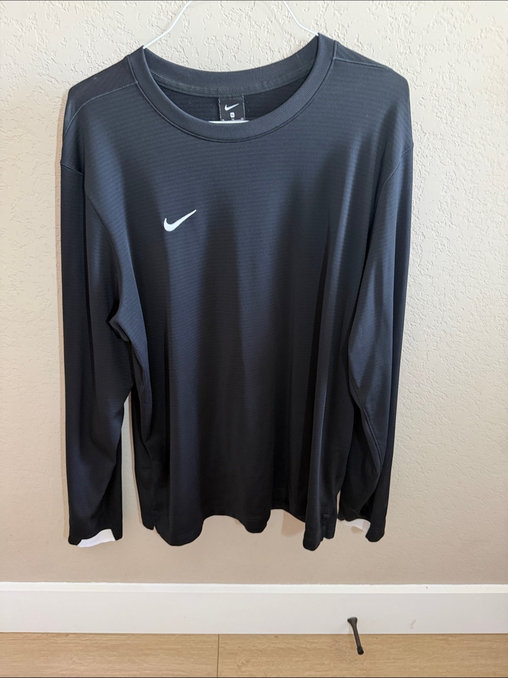 Nike Men’s Long-Sleeve Black Athletic Crew Shirt with White Swoosh